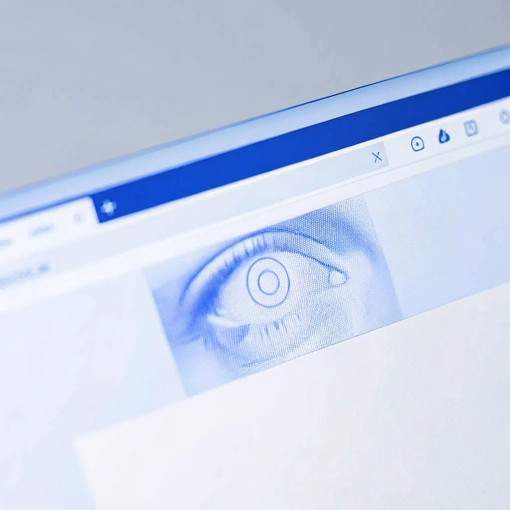 Nahaufnahme eines Computerbildschirms mit geöffneter Browser-Registerkarte, auf der ein stilisiertes Auge in Blau abgebildet ist.