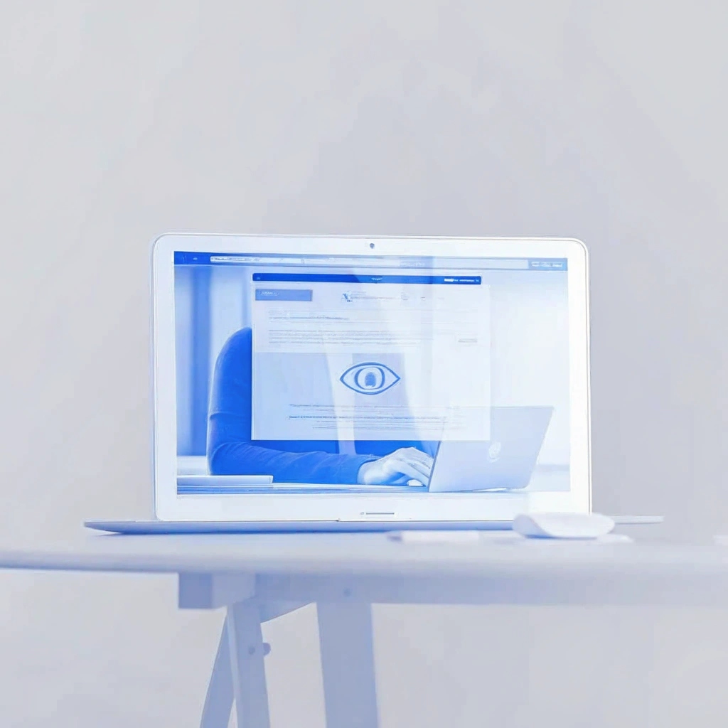 Ein Laptop auf einem Tisch zeigt eine Website mit einem großen Auge-Symbol auf dem Bildschirm, im Hintergrund ist eine Person undeutlich zu erkennen.