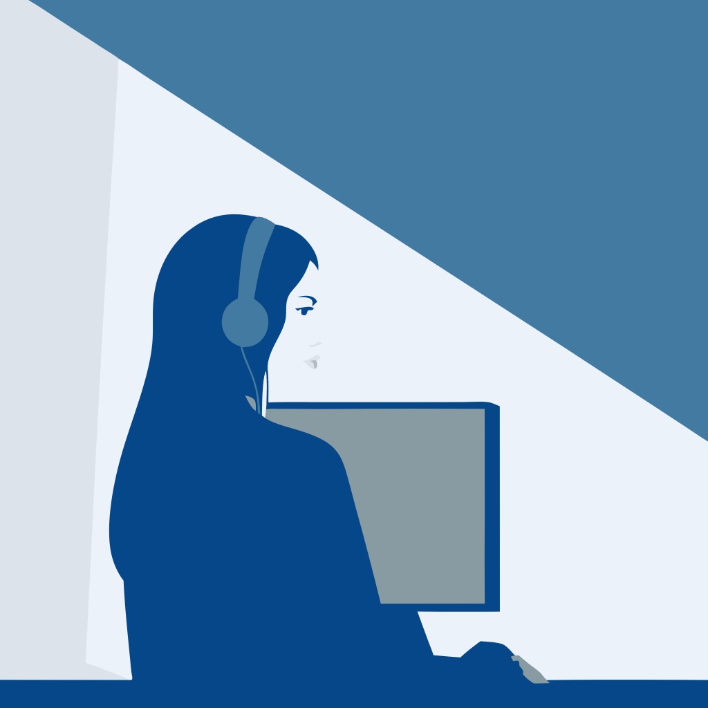 Illustration einer Frau mit Kopfhörern, die vor einem Computer sitzt, in Blautönen gehalten.