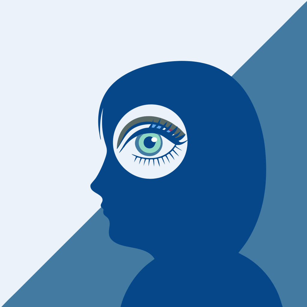Illustration eines blauen Profils einer Person mit einem großen Auge anstelle des Gesichts, vor einem zweifarbigen Hintergrund in Hell- und Dunkelblau.
