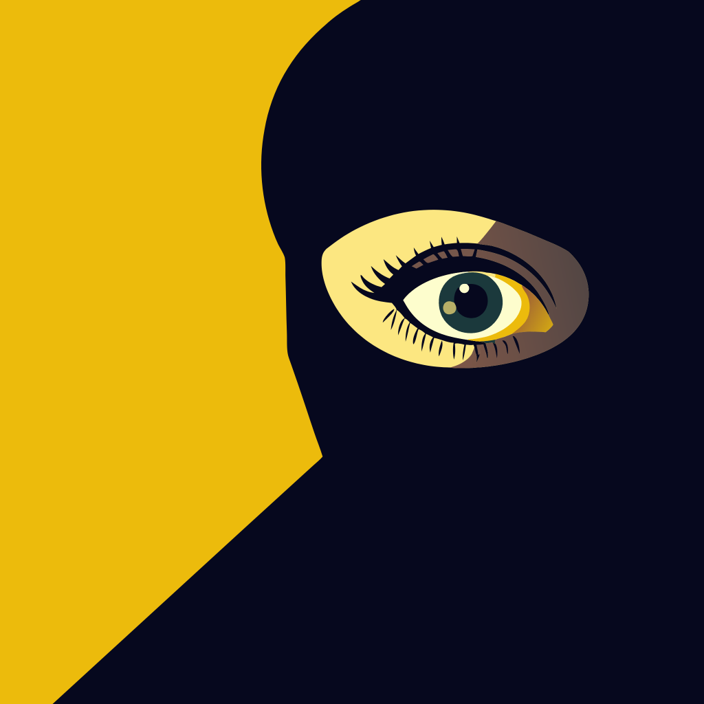 Illustration einer Person in einem schwarzen Skimask mit einem sichtbaren Auge, auf einem gelben Hintergrund.