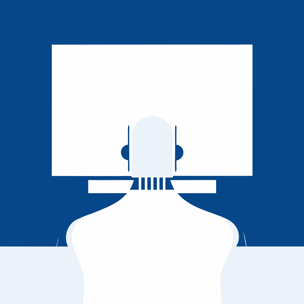 Illustration eines stilisierten Roboters, der vor einem Computerbildschirm sitzt, mit einem blauen Hintergrund gestaltet.