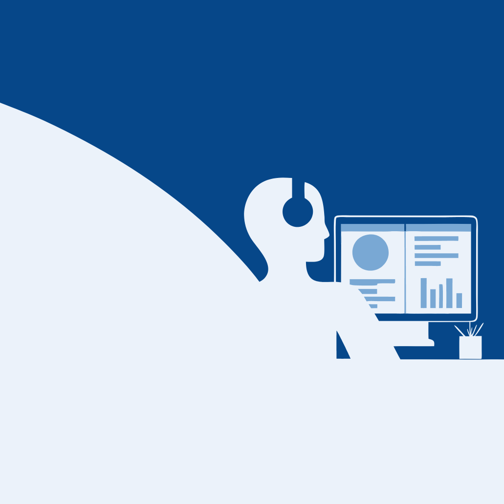 Illustration einer Person mit Kopfhörern, die vor einem Computerbildschirm sitzt, auf dem Diagramme und Text zu sehen sind.
