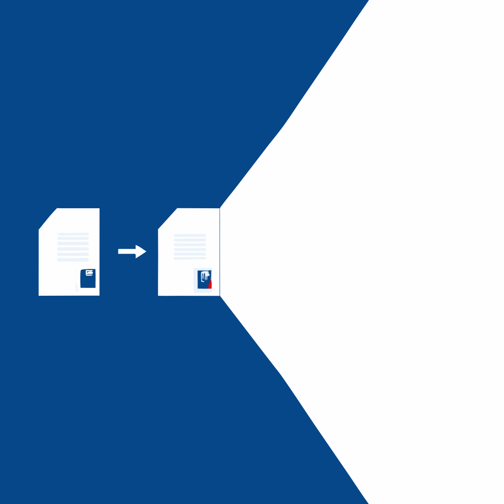 Zwei Dokumentensymbole auf blauem Hintergrund, verbunden durch einen Pfeil, der von links nach rechts zeigt, wobei das linke Symbol ein geschlossenes Vorhängeschloss und das rechte ein geöffnetes Schloss darstellt.