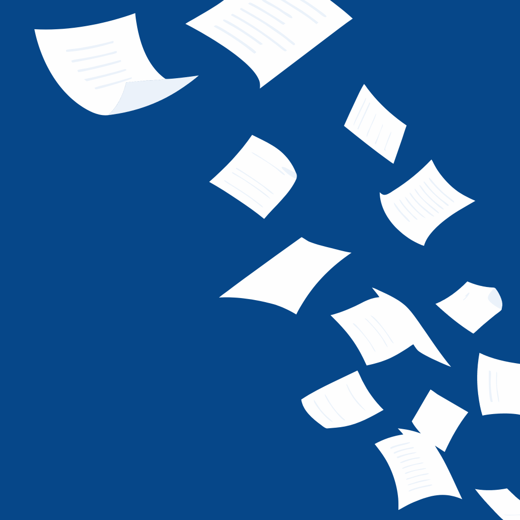 Illustration von Papieren, die auf einem blauen Hintergrund durch die Luft fliegen.